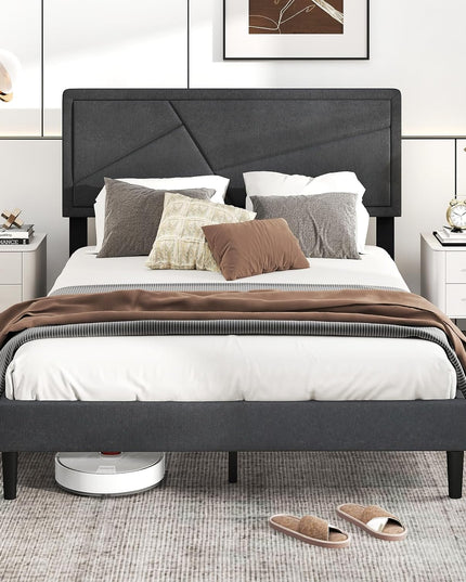 Modern Upholstered Platform Bed Frame with Geometric Tufting Headboard