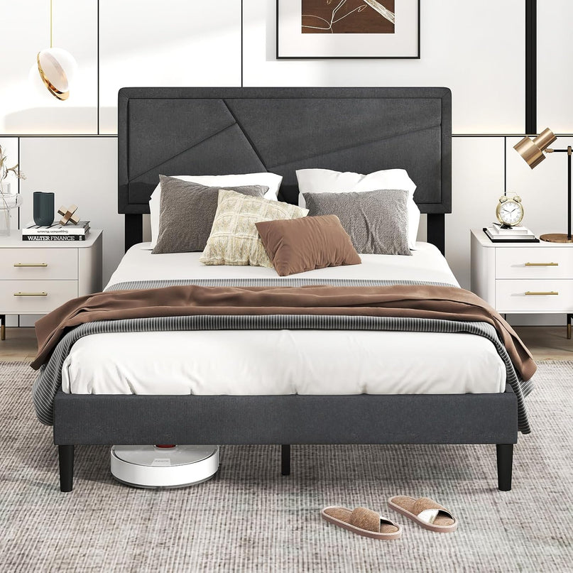 Modern Upholstered Platform Bed Frame with Geometric Tufting Headboard