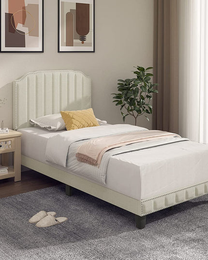 Giantex Upholstered Bed Frame, Linen Platform Bed w/Rivet Headboard, Heavy Duty Mattress Foundation