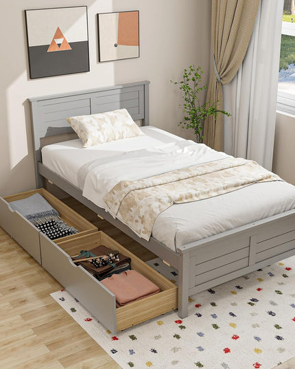 Giantex Wood Full Size Bed Frame with 2 Storage Drawers, Solid Wood Platform Bed with Headboard