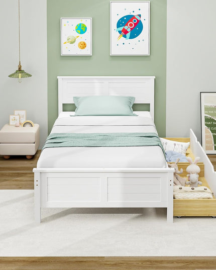 Giantex Wood Full Size Bed Frame with 2 Storage Drawers, Solid Wood Platform Bed with Headboard